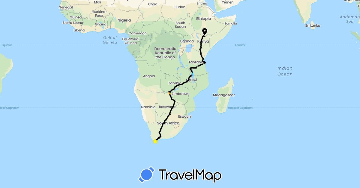 TravelMap itinerary: driving, hiking, boat, hitchhiking, motorbike, walking in Botswana, Kenya, Malawi, Tanzania, South Africa, Zambia (Africa)